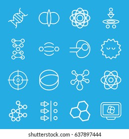 Molecule icons set. set of 16 molecule outline icons such as bacteria, dna, atom, atom fusion, core