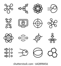 Molecule icons set. set of 16 molecule outline icons such as dna, atom, atom move, core