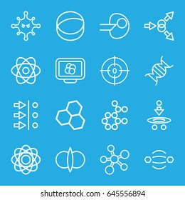 Molecule icons set. set of 16 molecule outline icons such as bacteria, dna, atom, atom fusion, core