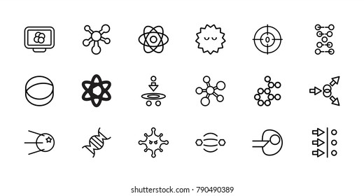 Molecule icons. set of 18 editable outline molecule icons: bacteria, atom, atom move, dna
