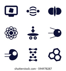 molecule icons set. Set of 9 molecule filled icons such as atom fusion, dna, core, atom