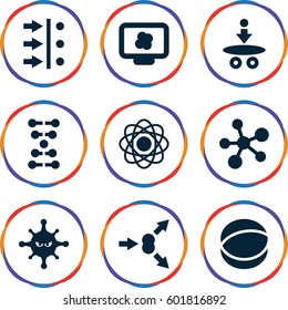 molecule icons set. Set of 9 molecule filled icons such as bacteria, atom, atom move, dna