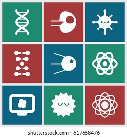 Molecule icons set. set of 9 molecule filled icons such as bacteria, dna, atom, core