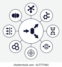 Molecule icons set. set of 9 molecule filled icons such as dna, atom, atom fusion