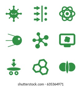 Molecule icons set. set of 9 molecule filled icons such as bacteria, atom, atom fusion, core