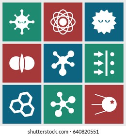 Molecule icons set. set of 9 molecule filled icons such as bacteria, atom, atom fusion, atom move, core