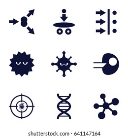 Molecule icons set. set of 9 molecule filled icons such as bacteria, dna, atom move, core