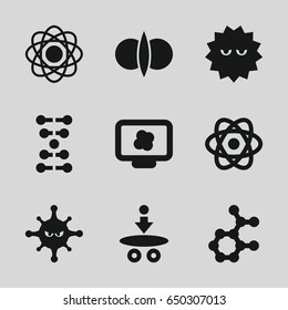 Molecule icons set. set of 9 molecule filled icons such as bacteria, atom, atom fusion, dna