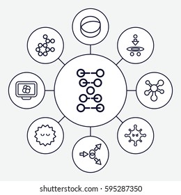 molecule icons set. Set of 9 molecule outline icons such as bacteria, atom, atom move, dna