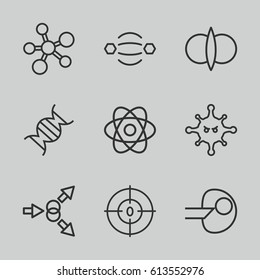 Molecule icons set. set of 9 molecule outline icons such as bacteria, dna, atom, atom fusion