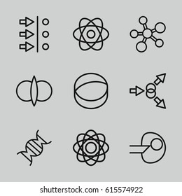 Molecule icons set. set of 9 molecule outline icons such as dna, atom, atom fusion, atom move