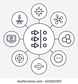 Molecule icons set. set of 9 molecule outline icons such as bacteria, dna, atom move, atom