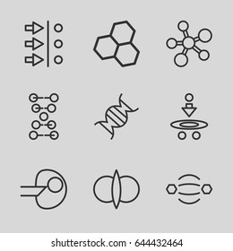 Molecule icons set. set of 9 molecule outline icons such as dna, atom fusion, atom move, core
