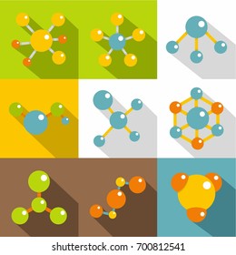 Molecule icons set. Flat set of 9 molecule vector icons for web with long shadow