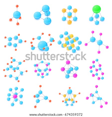 Molecule icons set. Isometric illustration of 16 molecule vector icons for web