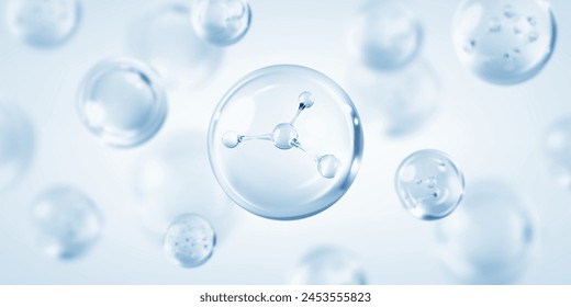 Molecule inside bubble on blue background. Blue collagen serum drops. Concept skin care cosmetics solution. Vector illustration