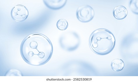 Molecule inside bubble on blue background. Collagen serum drops. Cosmetic essence. Concept skin care cosmetics solution. Vector illustration