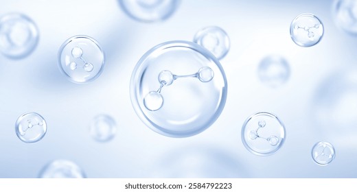 Molecule inside bubble on blue background. Collagen serum drops. Cosmetic essence. Concept skin care cosmetics solution. Vector illustration