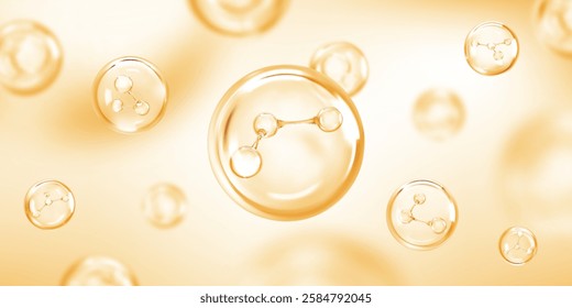 Molecule inside bubble on light yellow background. Collagen serum drops. Cosmetic essence. Concept skin care cosmetics solution. Vector illustration