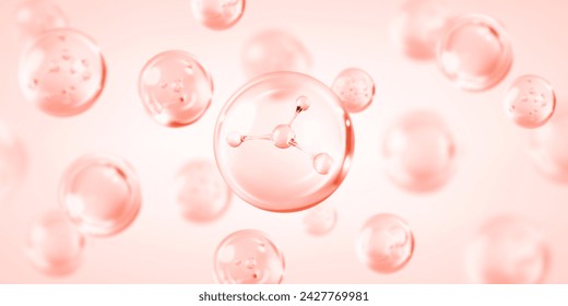 Molecule inside bubble on pink background. Pink collagen serum drops. Concept skin care cosmetics solution. Vector illustration