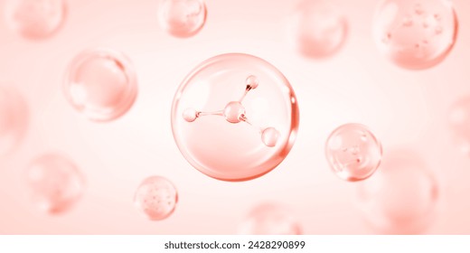 Molecule inside bubble on pink background. Pink collagen serum drops. Concept skin care cosmetics solution. Vector illustration