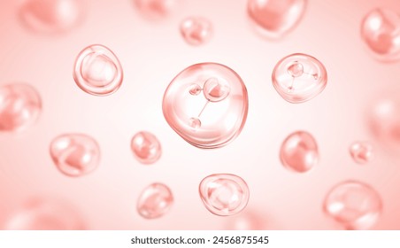 Molecule inside bubble on pink background. Pink collagen serum drops. Concept skin care cosmetics solution. Vector illustration
