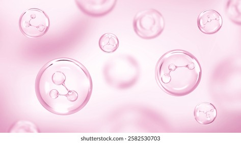 Molecule inside bubble on pink background. Collagen serum drops. Cosmetic essence. Concept skin care cosmetics solution. Vector illustration