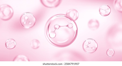 Molecule inside bubble on pink background. Collagen serum drops. Cosmetic essence. Concept skin care cosmetics solution. Vector illustration