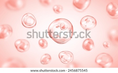 Molecule inside bubble on pink background. Pink collagen serum drops. Concept skin care cosmetics solution. Vector illustration
