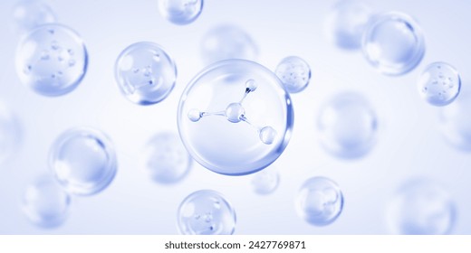 Molecule inside liquid bubble on blue background. Cosmetic moisturizer water molecule. Cosmetic Essence. Concept skin care cosmetics solution. 3D vector