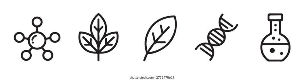 Molecule leaf branch feather dna strand flask icons simple design for science topics
