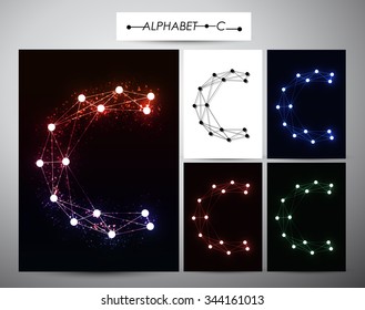Molecule letter "C" Trendy alphabet fonts of sparkling brilliants, vector illustration.