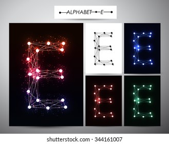 Molecule letter "E" Trendy alphabet fonts of sparkling brilliants, vector illustration.
