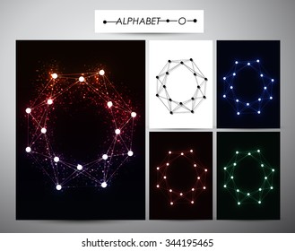 Molecule letter "O" Trendy alphabet fonts of sparkling brilliants, vector illustration.