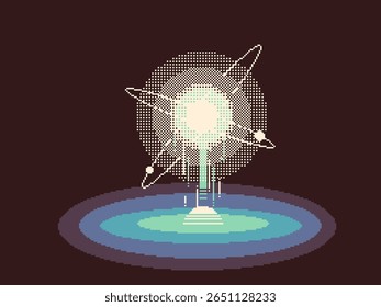 Luz de Molécula com anel de subórbita de átomo que sobe de baixo, ilustração de estilo Pixel Art