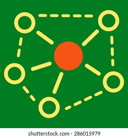 Molecule links icon from Business Bicolor Set. This flat vector symbol uses orange and yellow colors, rounded angles, and isolated on a green background.