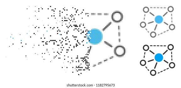 Molecule links icon in dissolved, dotted halftone and entire versions. Pixels are grouped into vector disappearing molecule links form. Disappearing effect uses rectangle scintillas.