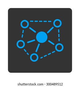 Molecule links icon. This flat rounded square button uses blue and gray colors and isolated on a white background.