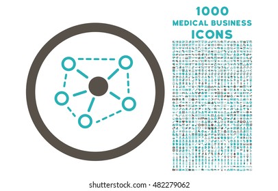 Molecule Links rounded vector bicolor icon with 1000 medical business icons. Set style is flat pictograms, grey and cyan colors, white background.