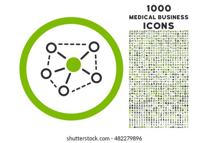 Molecule Links rounded vector bicolor icon with 1000 medical business icons. Set style is flat pictograms, eco green and gray colors, white background.