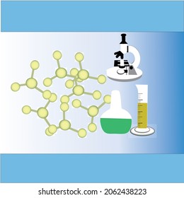 molecule with microscope on white and blue background, vector, science
