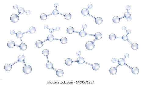 Molecule model. Hyaluronic acid molecules, chemical science organic molecular structure and reflecting molecules models. Medical cells models macro connect. 3d vector isolated icons set