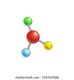 Molecule model isolated colorful vector illustration, chemistry themed 3d icon for science and medicine, atom structure shown with four colorful spheres connected in one shape.