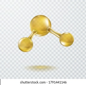 Molecule model isolated on transparent background. Gold molecular structure of water or research pattern. Vector 3d medical sphere, science and biotechnology concept element