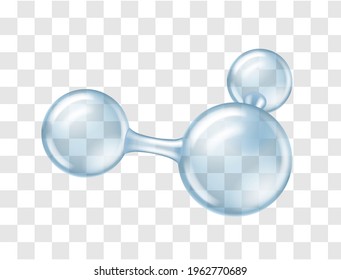 Molecule model isolated on transparent background. Molecular formula of water or glossy science bubble. Medical sphere, biotechnology element. 3d vector illustration