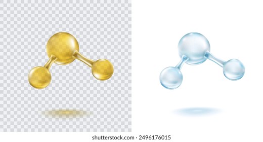 Molecule model set isolated on transparent background. Blue and gold oil molecular formula of water or science bubbles pattern. Vector 3d medical sphere, biotechnology elements