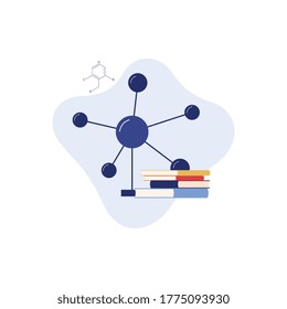 Molecule model and stack of books cartoon icons or symbols vector illustration isolated on white background. Emblem or logo design for chemistry and physics.