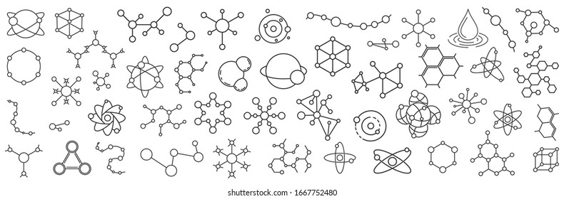 Molecule model or structure of the substance. Biological outline icons. Set of Science icons, isolated. Vector illustration.