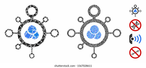 Molecule mosaic of humpy parts in different sizes and color tints, based on molecule icon. Vector trembly parts are united into collage. Molecule icons collage with dotted pattern.
