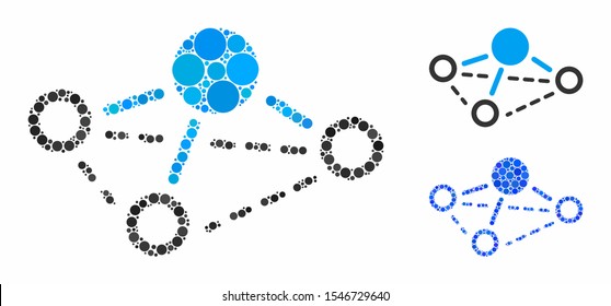Molecule mosaic of small circles in variable sizes and color hues, based on molecule icon. Vector random circles are united into blue mosaic. Dotted molecule icon in usual and blue versions.